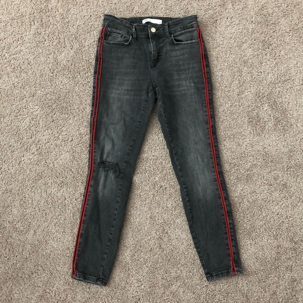 Zara Black Red Stripes Skinny Jeans Womens 4